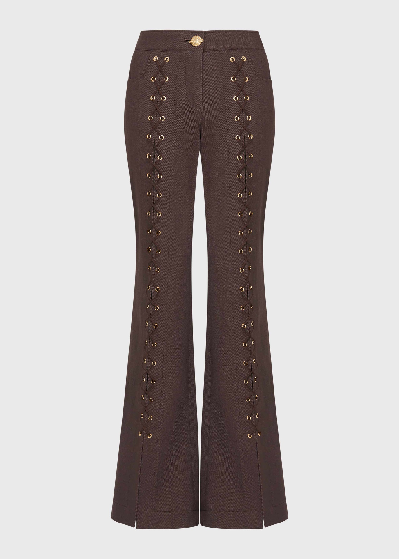 Lace-Up Brown Denim Flared Trousers (UK6)